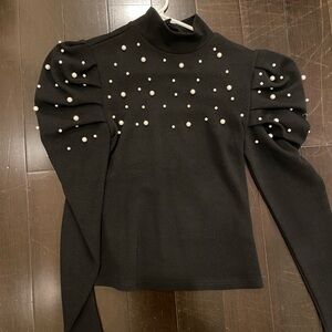 Black Puff Sleeve Top with Pearl Embellishments